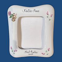 Personalized Hand Painted Porcelain Easter Picture Frame with Bunny and Rose