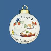 Personalized White Porcelain Christmas Ball with Snowmen Sledding