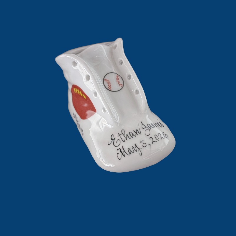 *NEW Personalized White Porcelain Baby Shoe with Sports