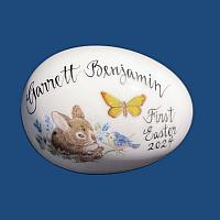 Personalized Hand Painted Porcelain Easter Egg - Bunny with Bluebird