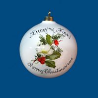 Round Personalized Hand Painted Porcelain Christmas Ball with White Rose