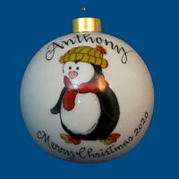 Personalized Hand painted Christmas Ball with Whimsy Penguin*