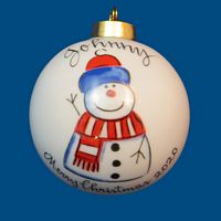 Personalized  Hand Painted Porcelain Christmas Ball w/ Whimsy Snowman