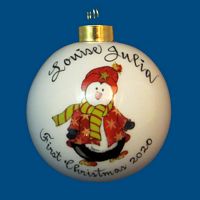 Personalized Hand Painted Porcelain Christmas Ball w/ Penguin