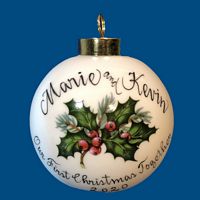 Personalized Hand Painted Porcelain Christmas Ball w/ Holly Design