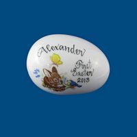 Personalized Hand Painted Porcelain Easter Egg - Bunny with Bluebird