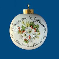 Personalized Hand Painted Porcelain Christmas Ball with White Rose and Holly